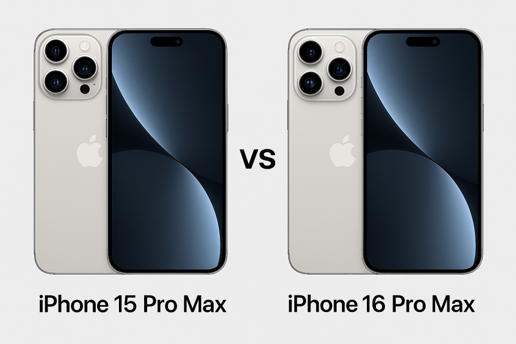 Comparison of iPhone 15 Pro Max and iPhone 16 Pro Max models side by side