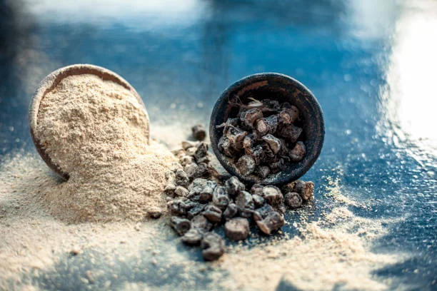 Siladzit supplement in powder and capsule form on a wooden wellness surface