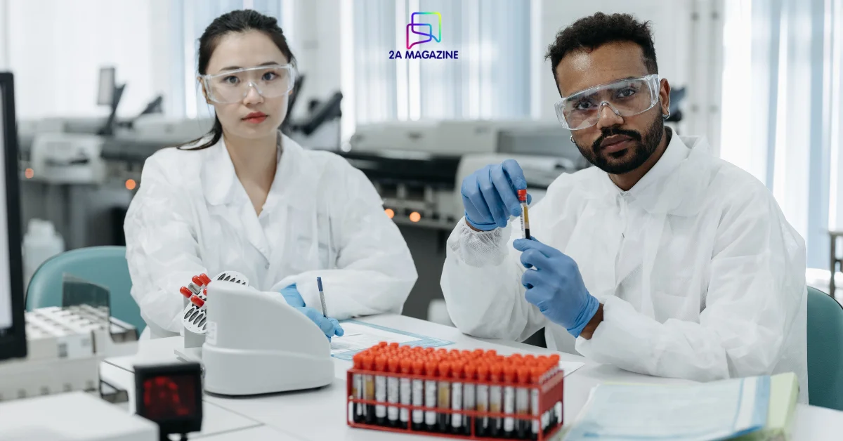 Scientists in lab coats using electronic pipette and lab equipment for MyPipette protocol testing