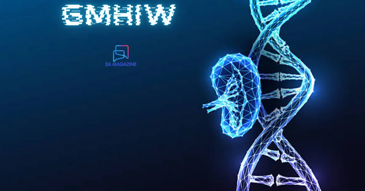 Glowing blue DNA double helix representing GMHIW genetically modified humans research