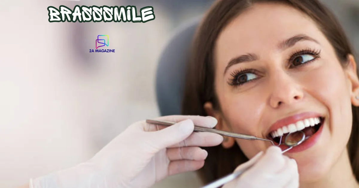 Confident woman smiling after BrassSmile AI dental analysis and teeth whitening treatment