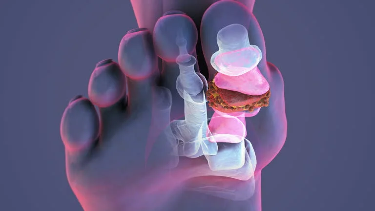Swollen foot joint caused by uric acid buildup showing symptoms that goutabio supplement aims to relieve