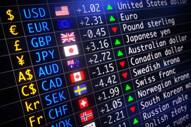 Stock exchange trading floor displaying live market data screens