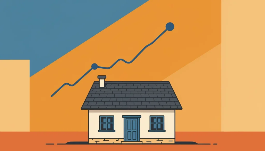 Illustration of a Romanian house with a rising profit graph representing renteaza in real estate investment