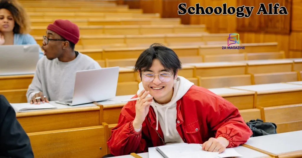 Students using laptops in a classroom while accessing an online learning management system