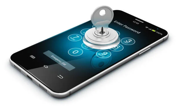 A 3D illustration of a black smartphone lying flat on a white surface with a silver physical key inserted directly into the screen's password unlock pad.