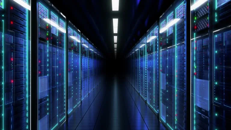 Rows of illuminated server racks in a modern data center corridor
