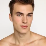Studio headshot of American model Zach Cox with styled brown hair and blue eyes