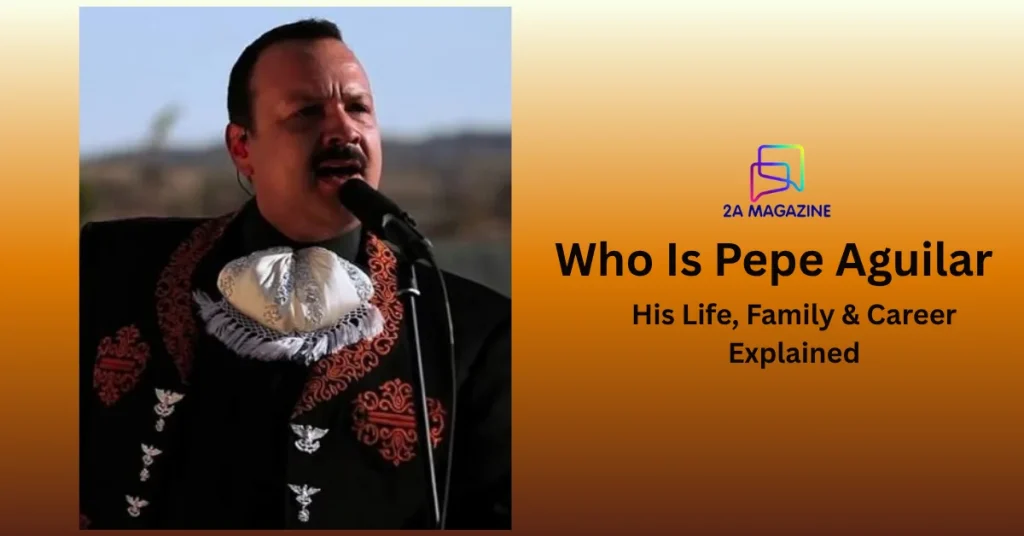 Pepe Aguilar singing in an embroidered black charro suit