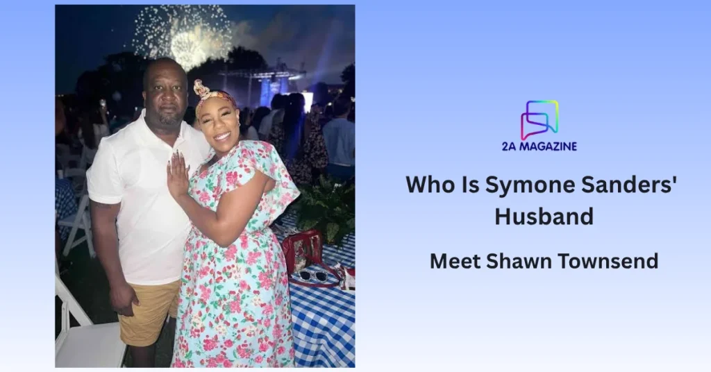 Symone Sanders with her husband Shawn Townsend at an outdoor evening event in Washington, D.C., with fireworks in the background