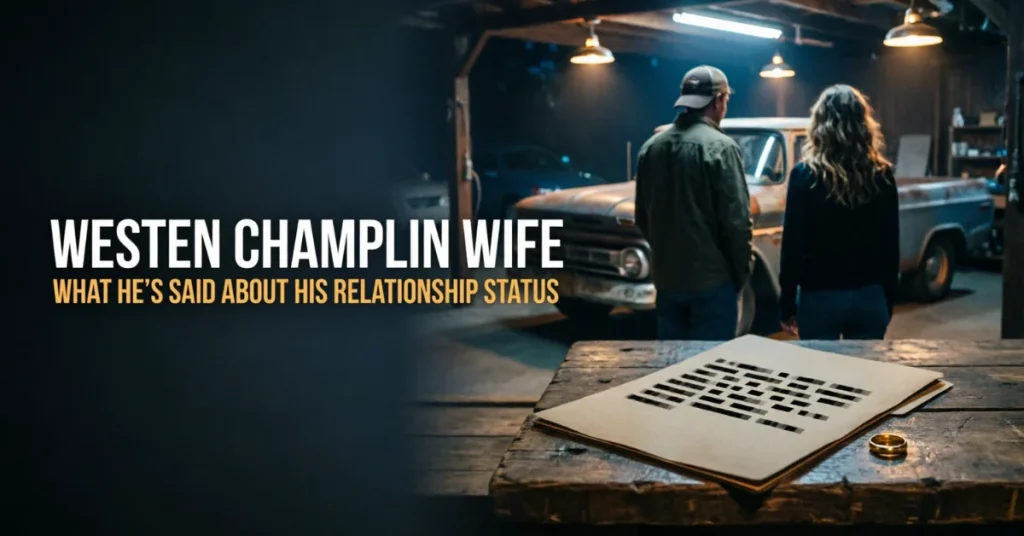 Westen Champlin Wife: silhouetted couple in a Kansas garage beside a vintage pickup truck, with a redacted file and gold wedding ring on a workbench