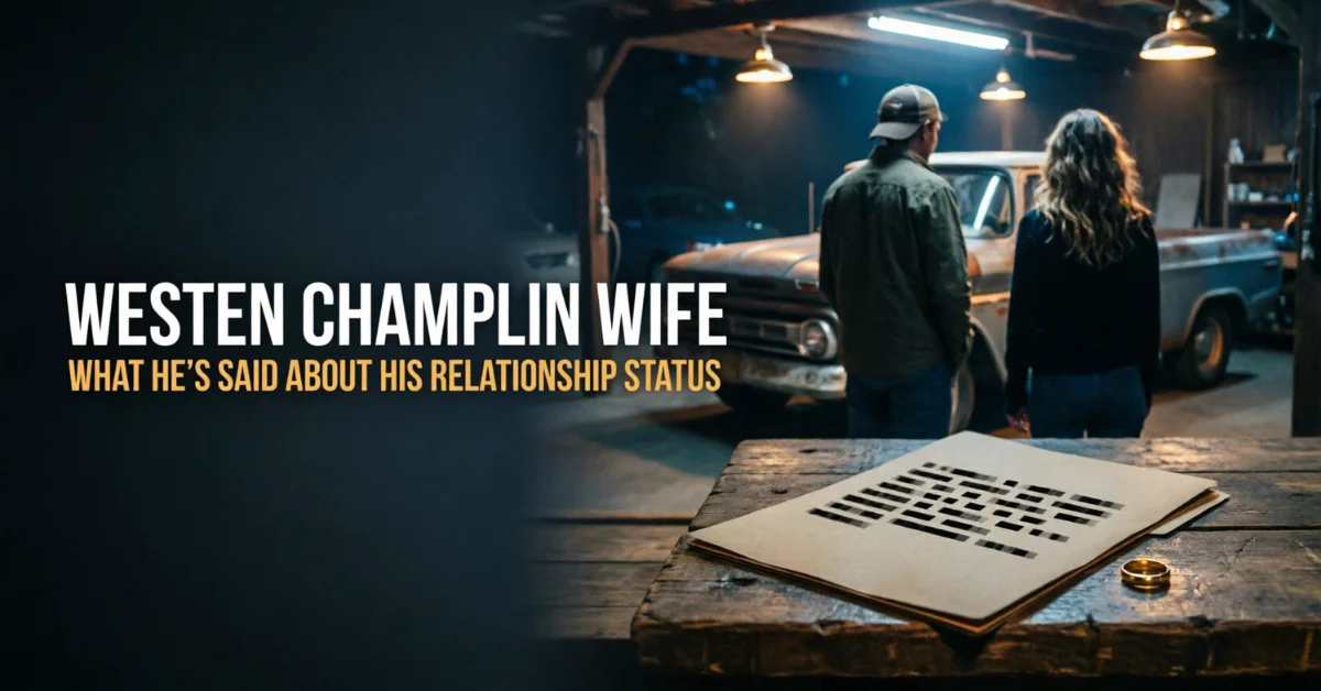 Westen Champlin Wife: silhouetted couple in a Kansas garage beside a vintage pickup truck, with a redacted file and gold wedding ring on a workbench