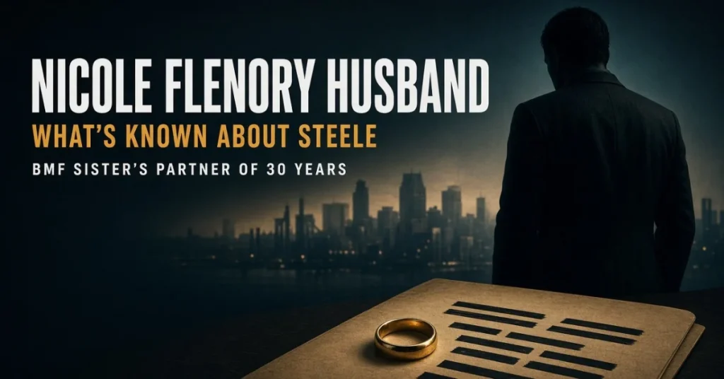 Nicole Flenory husband editorial illustration — faceless silhouette with wedding ring on redacted file, headline: Nicole Flenory Husband What's Known About Steele