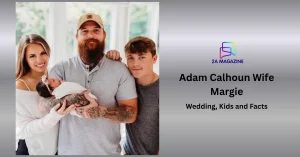 Adam Calhoun with wife Margie holding their newborn and his son Tamen in a family photo shared on the couple's Instagram