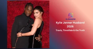 Kylie Jenner and ex-partner Travis Scott in matching black outfits posing together against a red rose wall