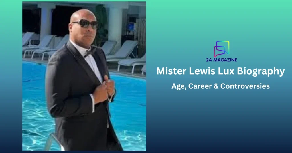 Mister Lewis Lux in a black tuxedo and sunglasses posing beside a luxury resort pool