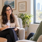 A psychologist listening to a client during a therapy session, illustrating how to choose the right psychologist in Alberta