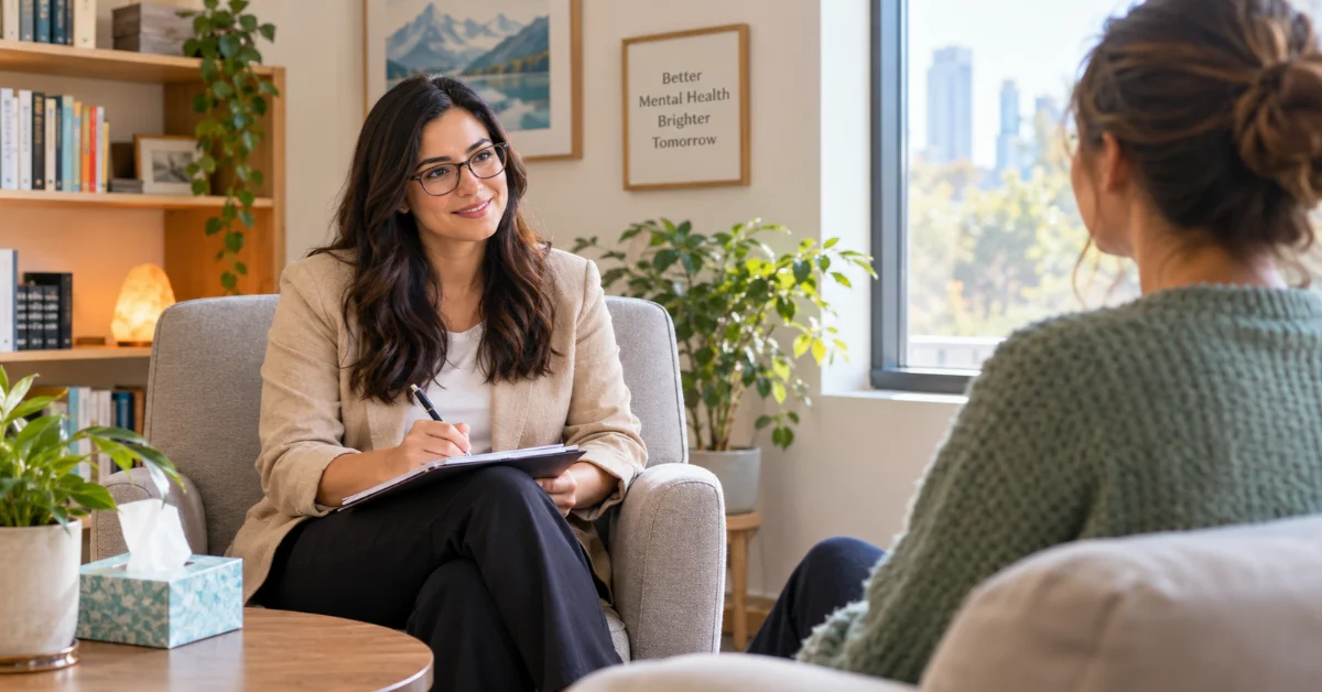 A psychologist listening to a client during a therapy session, illustrating how to choose the right psychologist in Alberta