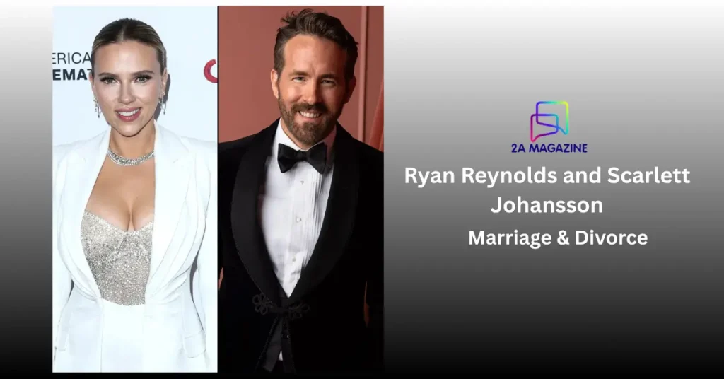 Scarlett Johansson and Ryan Reynolds split portrait with 2A Magazine branding for their marriage and divorce story.
