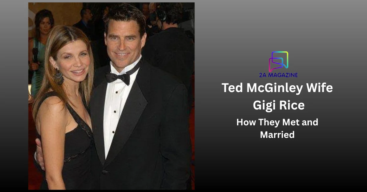 Actor Ted McGinley and his wife Gigi Rice smiling together in formal attire at a red carpet event